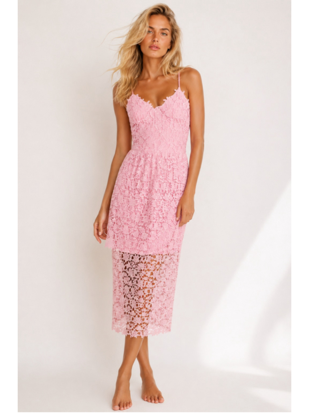 ASTR The Label Pink Crochet Lace‎ Midi Dress Quiet Luxury Parisian Coquette Boho